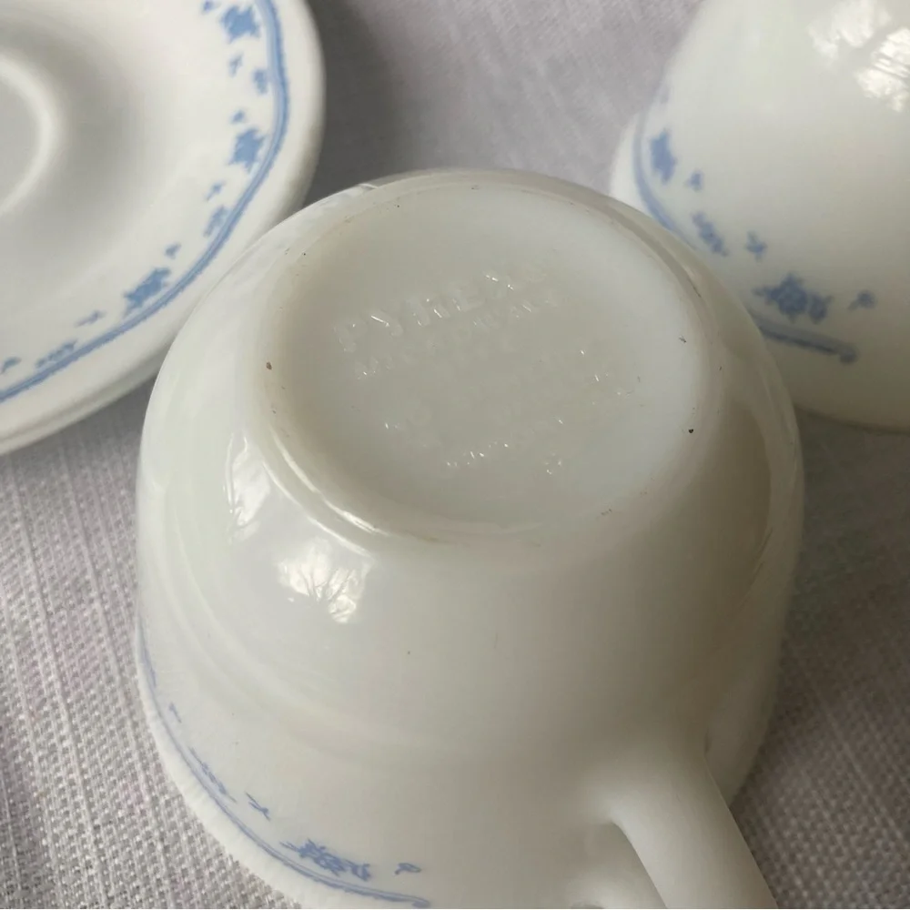 Pair of 'Morning Blue' Pyrex Cups and Corelle Saucers (see photos & description)
